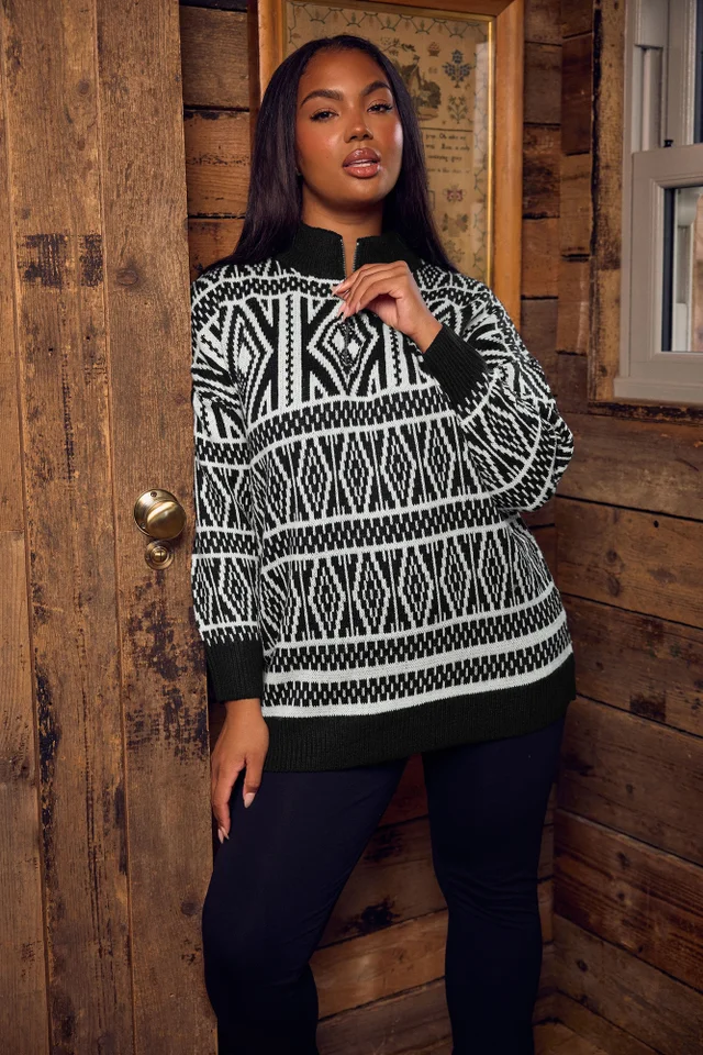 Yours Curve Black Fairisle Quarter Zip Jumper