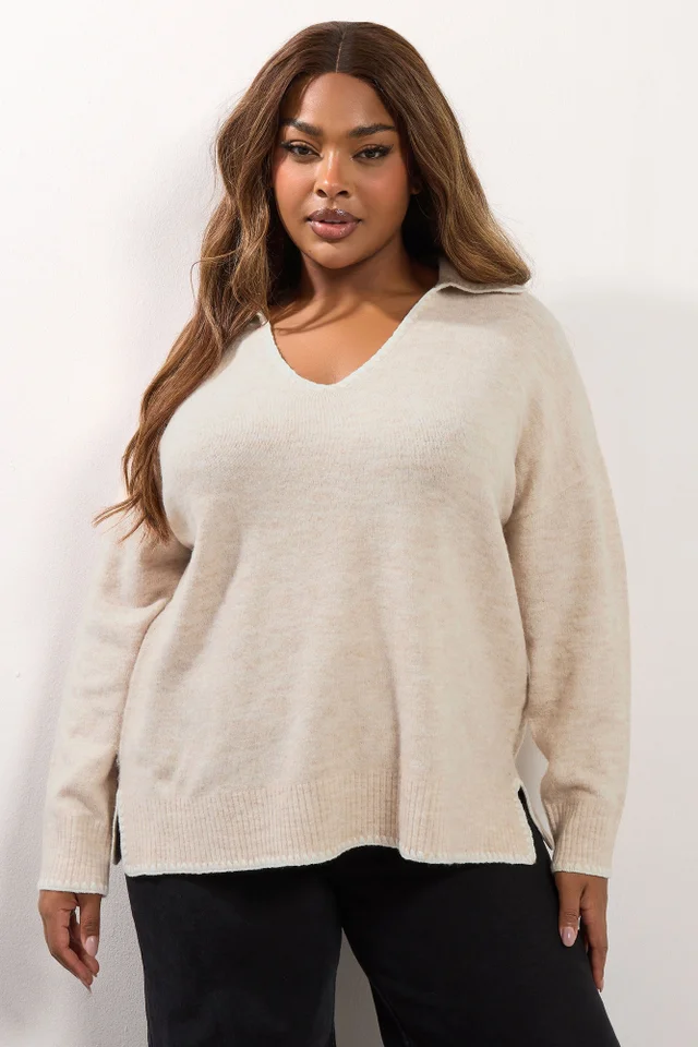 Yours Curve Light Pink Blanket Stitch Collared Jumper