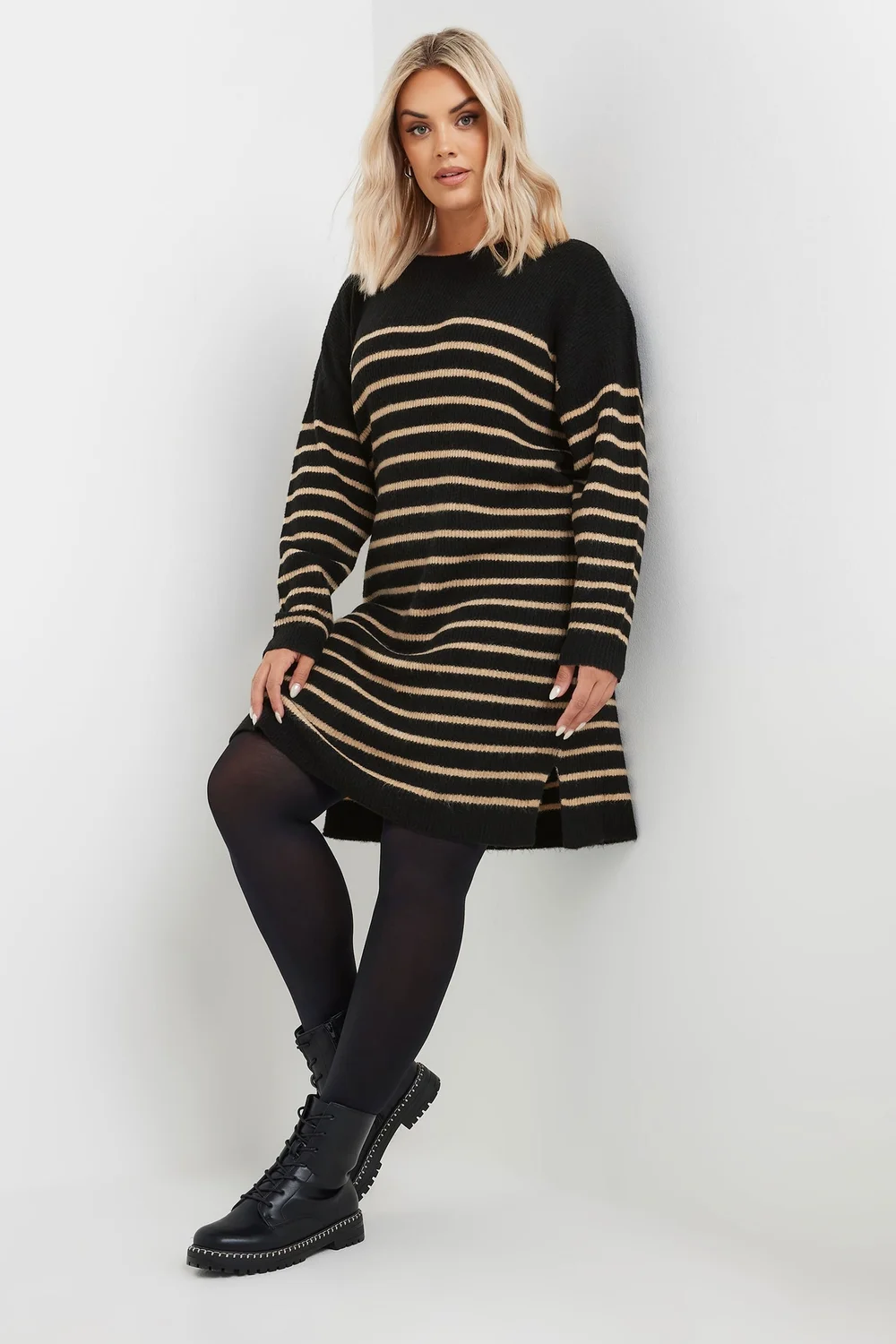 Yours Curve Black Striped Knitted Jumper Dress - Size 26-28 Image 2