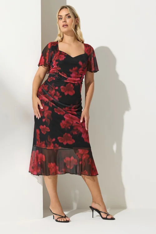 Yours London Curve Red Floral Gathered Midi Dress - Size 16 Image 2