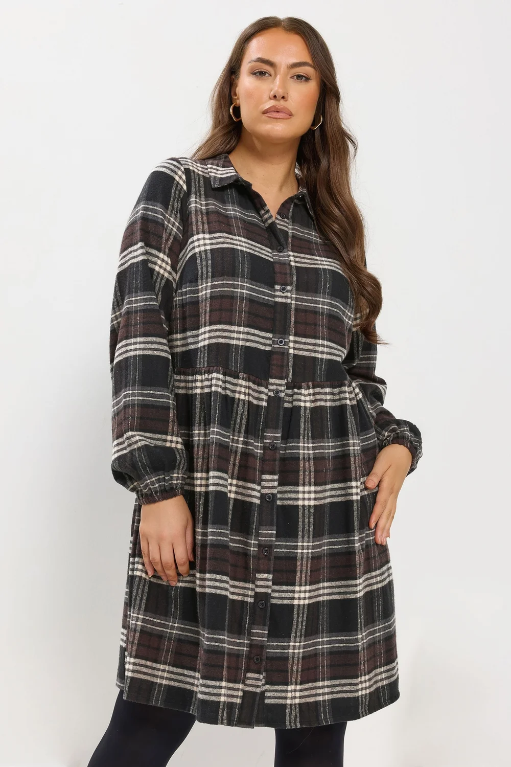 Yours Curve Chocolate Brown Check Shirt Dress - 20 Image 1