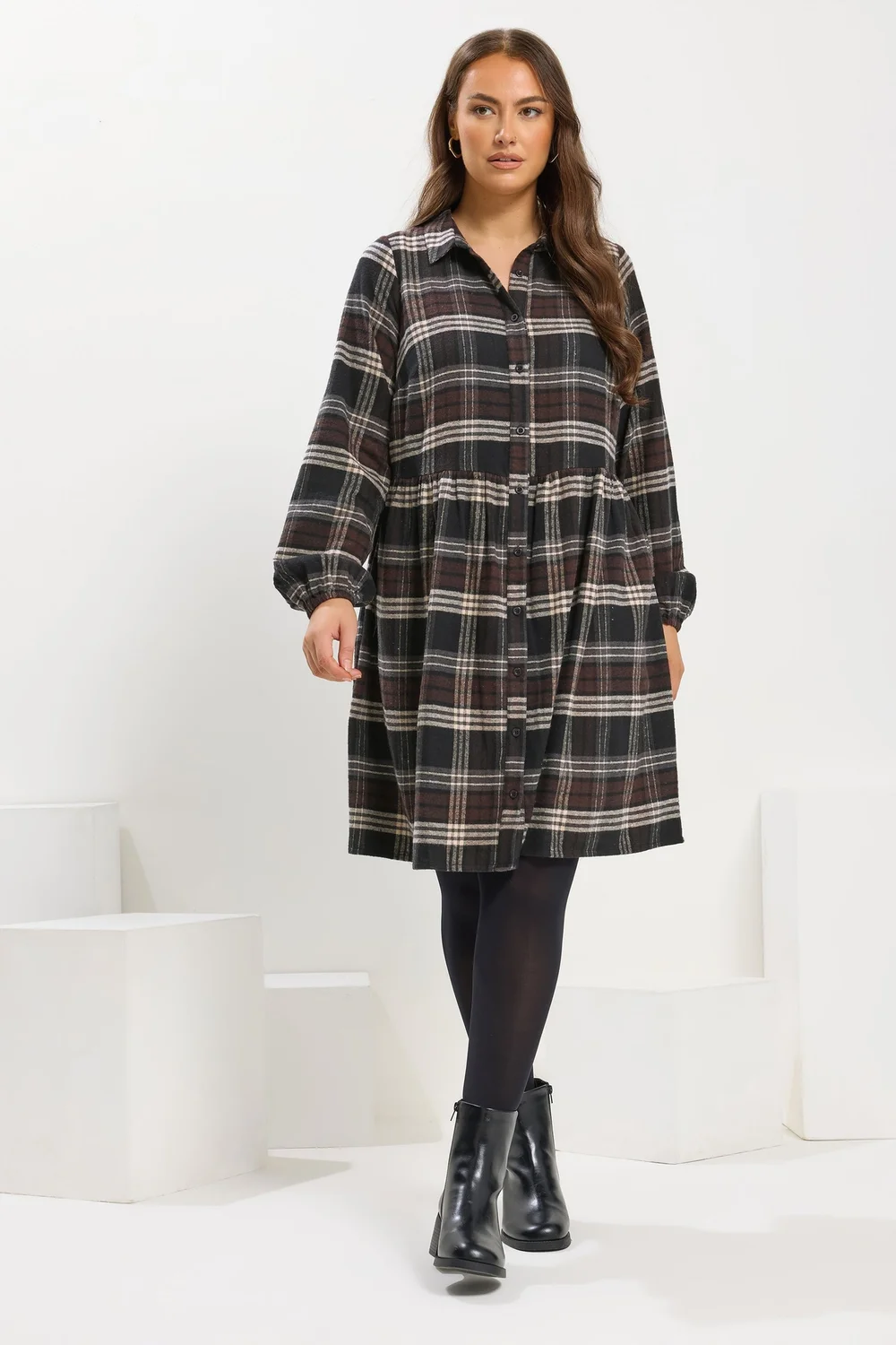 Yours Curve Chocolate Brown Check Shirt Dress - 20 Image 2
