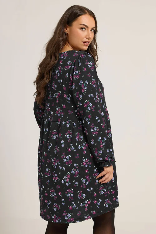 Yours Curve Black Floral Tie Front Textured Dress - 26-28 Image 4