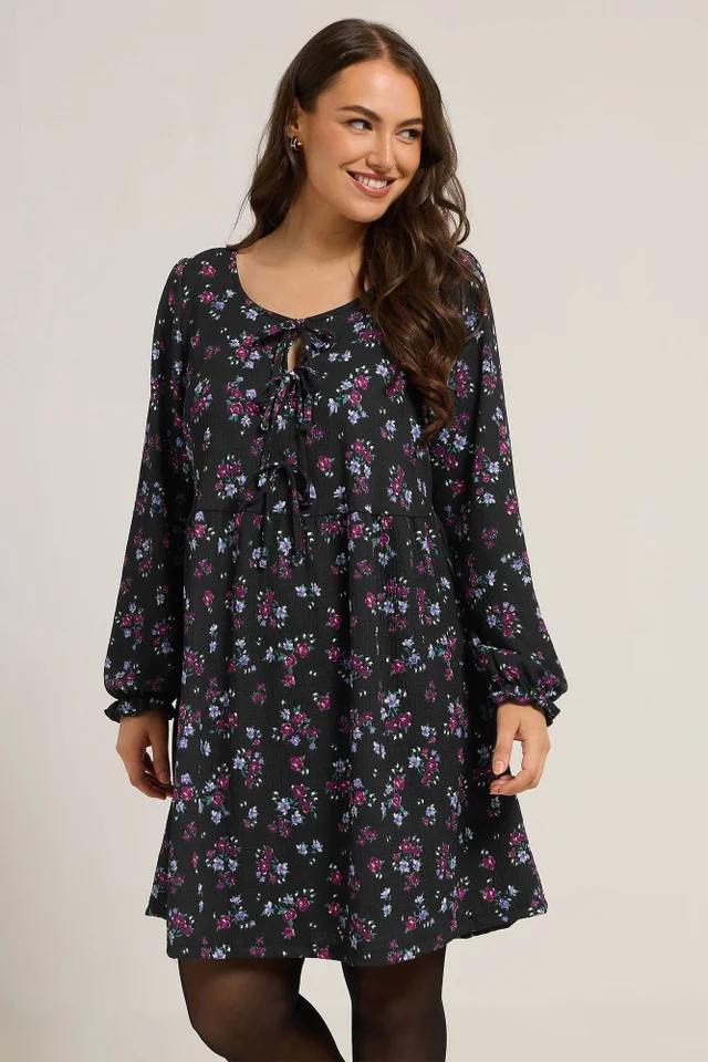 Yours Curve Black Floral Tie Front Textured Dress