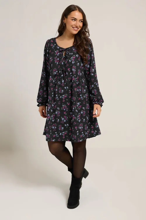 Yours Curve Black Floral Tie Front Textured Dress - 26-28 Image 3