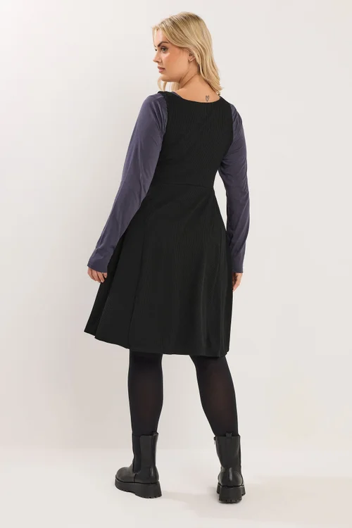 Yours Curve Black Button Front Textured Pinafore Dress - 26-28 Image 3