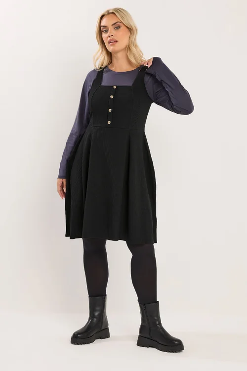 Yours Curve Black Button Front Textured Pinafore Dress - 26-28 Image 1