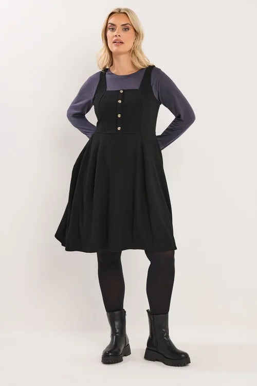 Yours Curve Black Button Front Textured Pinafore Dress - 26-28 Image 2