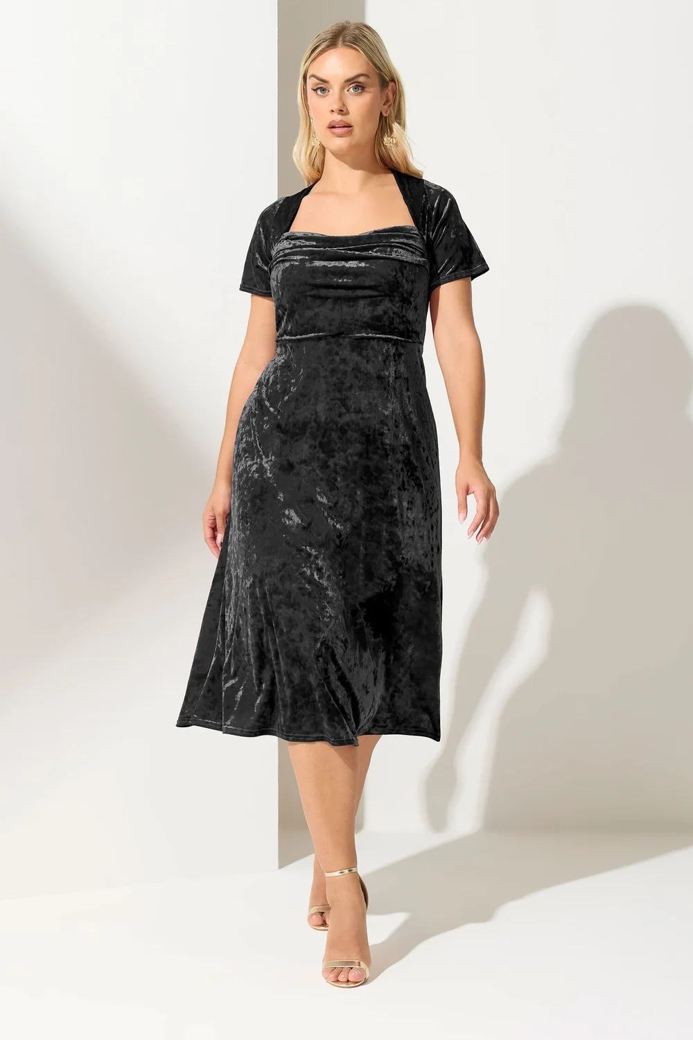 Yours London Curve Black Velvet Square Neck Midi Dress - 30-32 Image 1