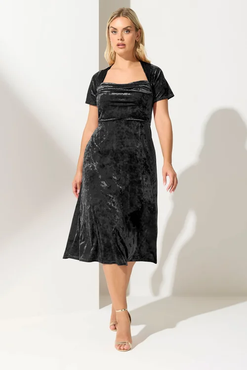 Yours London Curve Black Velvet Square Neck Midi Dress - 30-32 Image 1