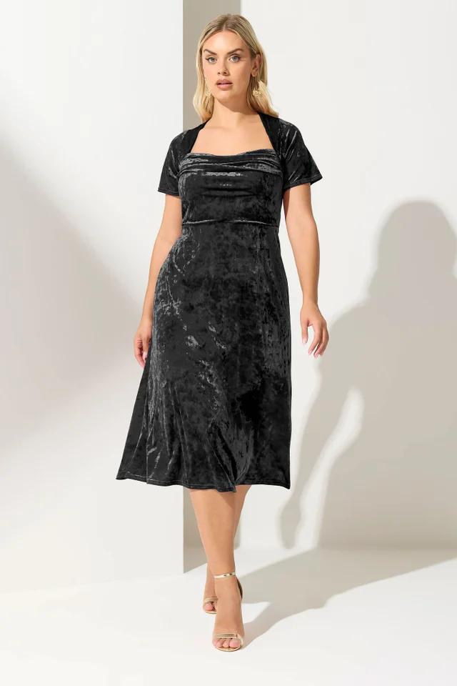 Yours London Curve Black Velvet Square Neck Midi Dress