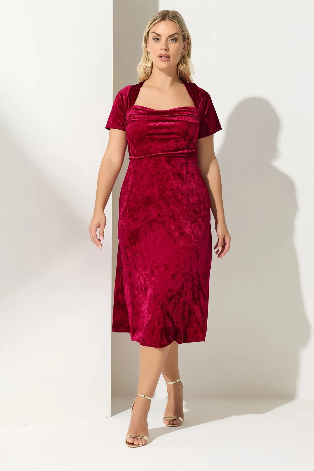 Yours London Curve Red Velvet Square Neck Midi Dress - 16 Image 1