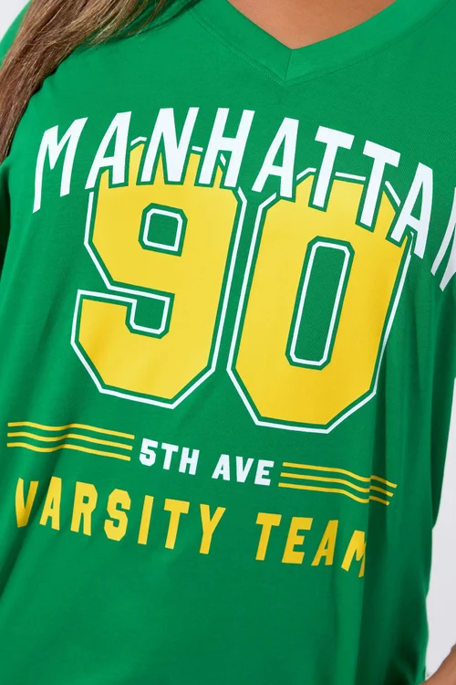 Yours Limited Curve Green 'Manhattan 90' Varsity Print T-Shirt - Size 26-28 Image 3