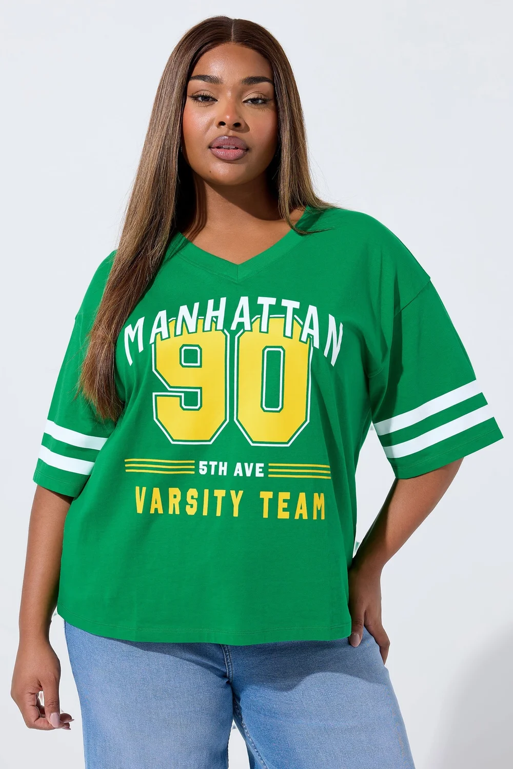Yours Limited Curve Green 'Manhattan 90' Varsity Print T-Shirt - Size 26-28 Image 1