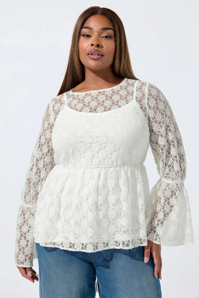Yours Limited Curve Cream Lace Flare Sleeve Peplum Top