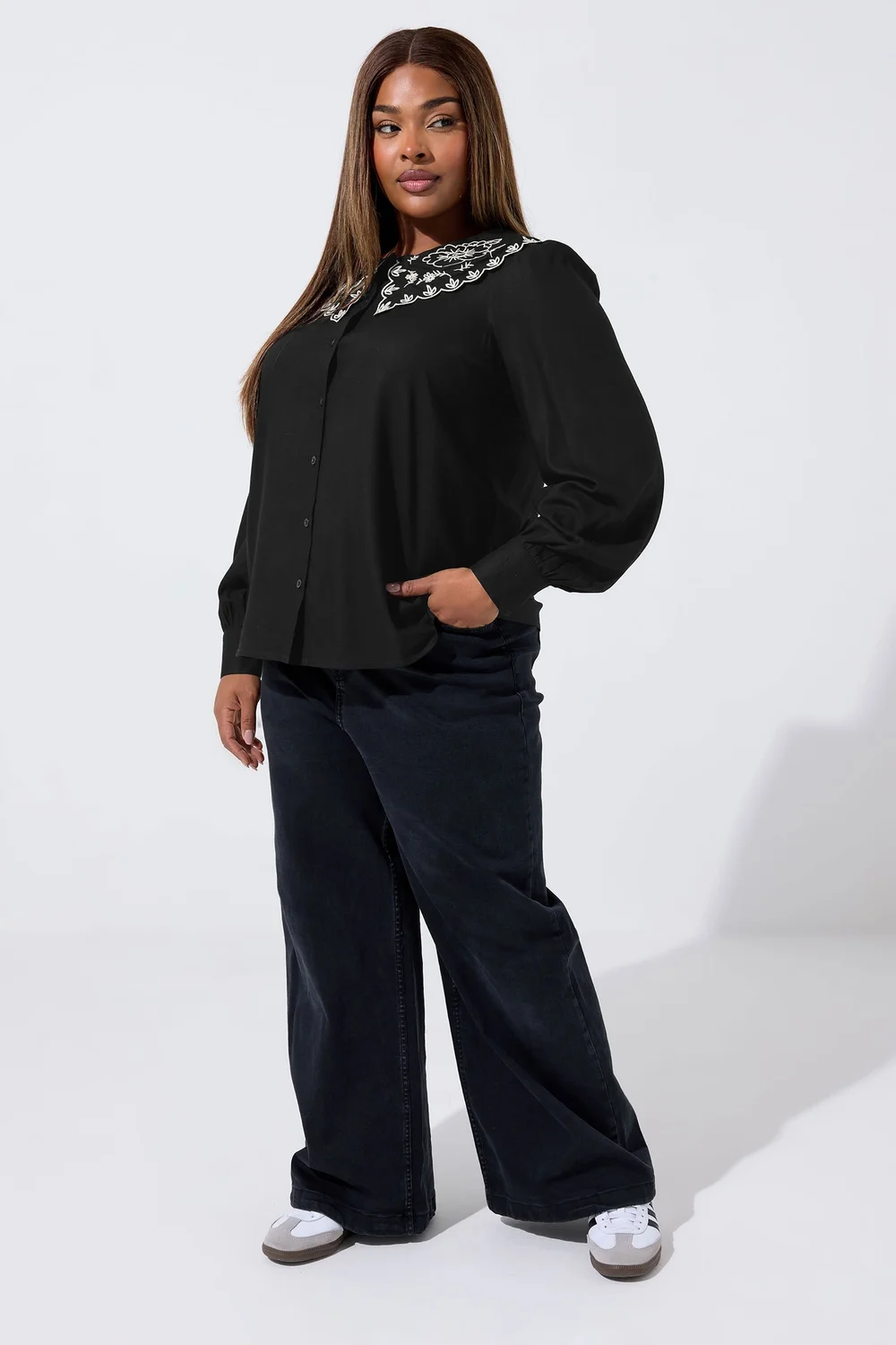 Yours Limited Curve Black Embroidered Oversized Collar Top - Size 20 Image 2