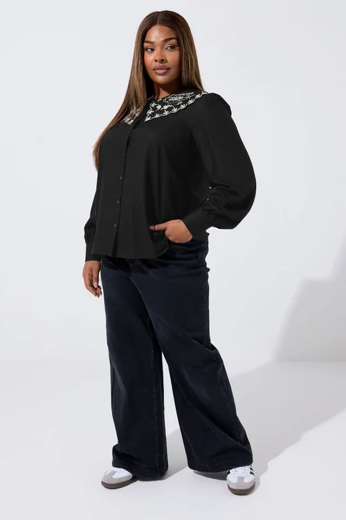 Yours Limited Curve Black Embroidered Oversized Collar Top - Size 20 Image 2