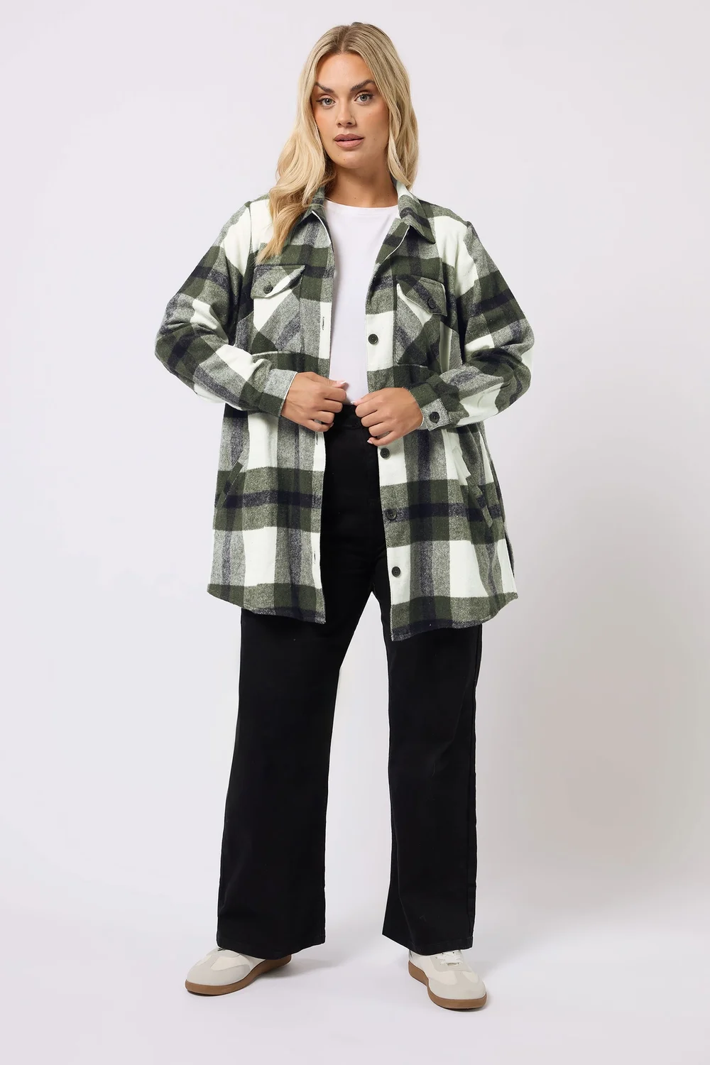 Yours Curve Khaki Green Check Shacket - 18 Image 2