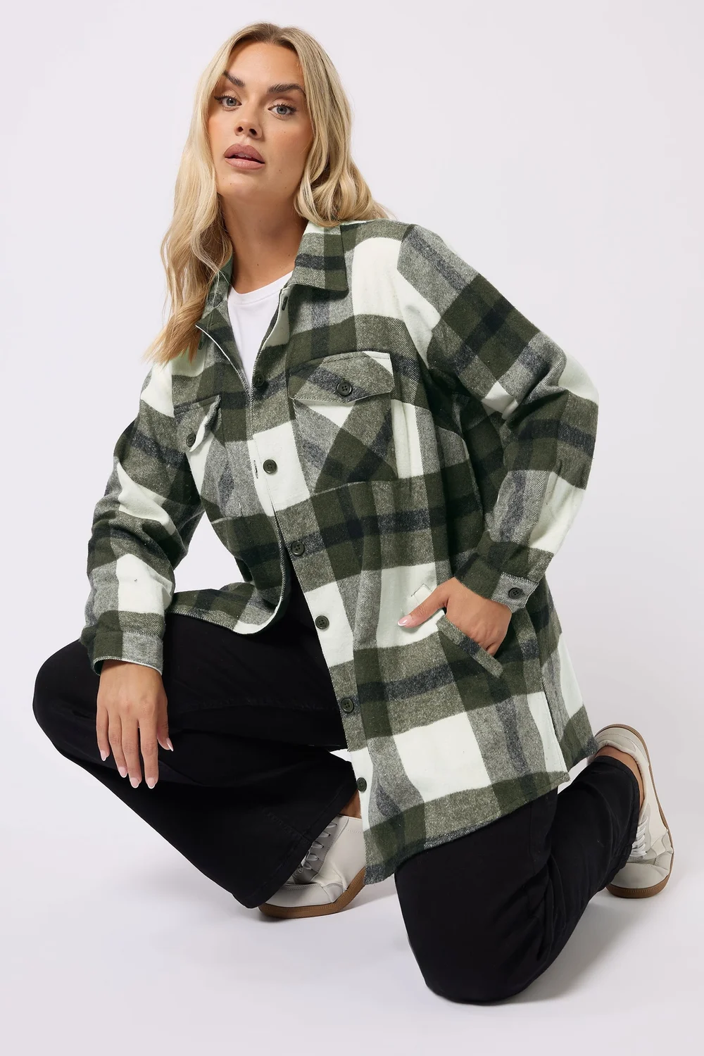 Yours Curve Khaki Green Check Shacket - 18 Image 1