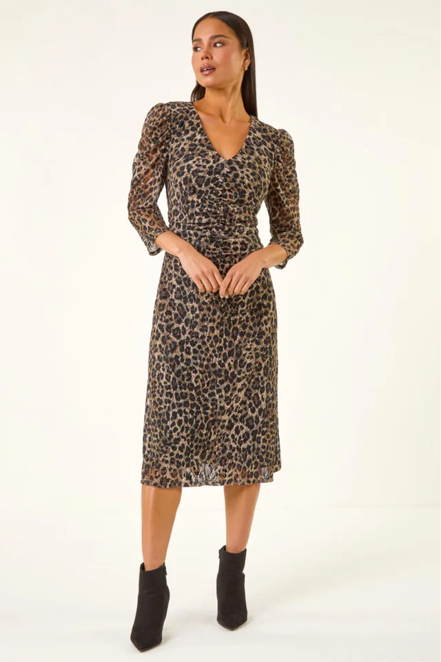Roman Black Petite Animal Print Lace Stretch Dress