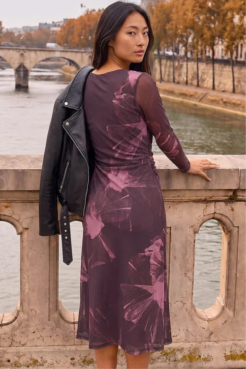 Roman Chocolate Petite Abstract Mesh Stretch Midi Dress - 12 Image 3