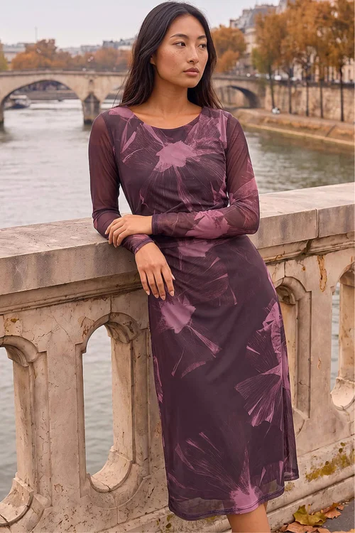 Roman Chocolate Petite Abstract Mesh Stretch Midi Dress - 12 Image 1