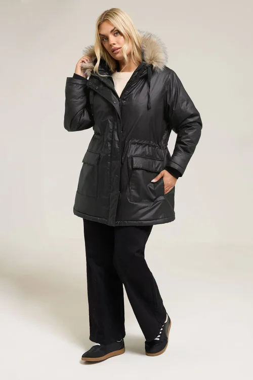 Yours Curve Black Waxed Faux Fur Trim Parka Coat - 14 Image 3