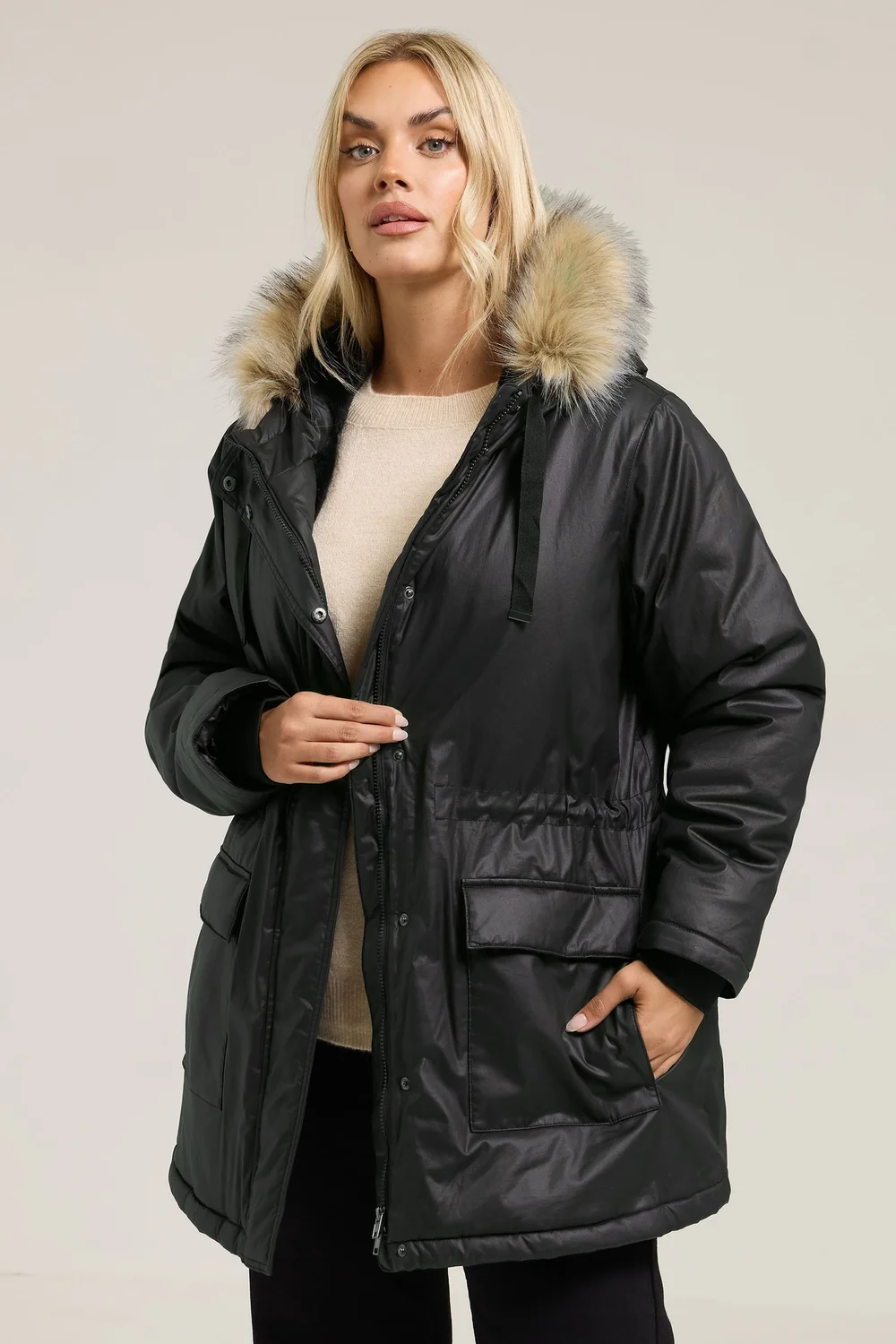 Yours Curve Black Waxed Faux Fur Trim Parka Coat - 14 Image 2