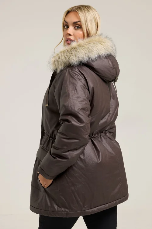 Yours Curve Brown Waxed Faux Fur Trim Parka Coat - 18 Image 3