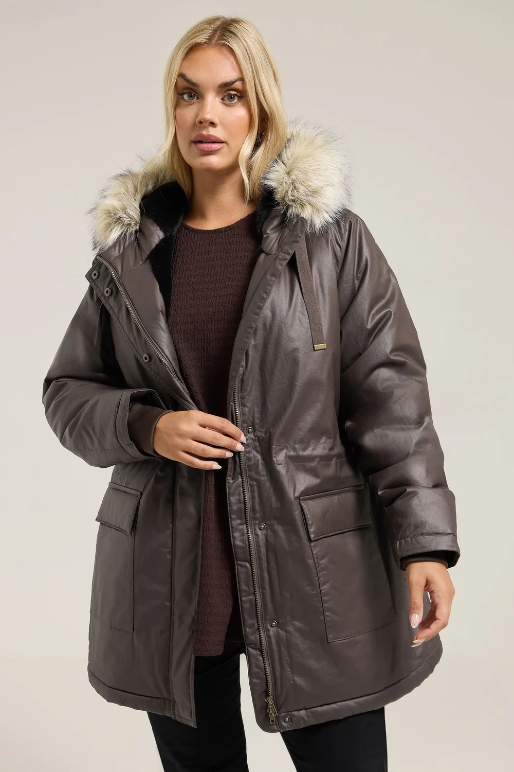 Yours Curve Brown Waxed Faux Fur Trim Parka Coat - 18 Image 1