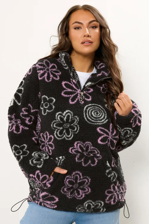 Yours Curve Black Floral Quarter Zip Fleece - 22-24 Image 1