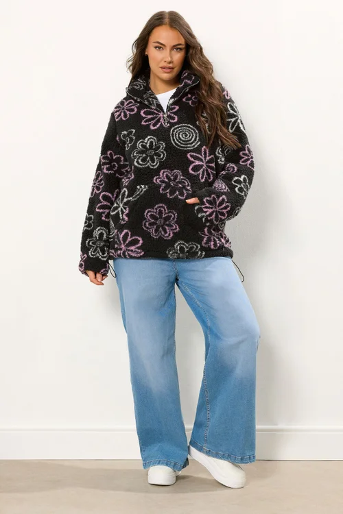 Yours Curve Black Floral Quarter Zip Fleece - 22-24 Image 2