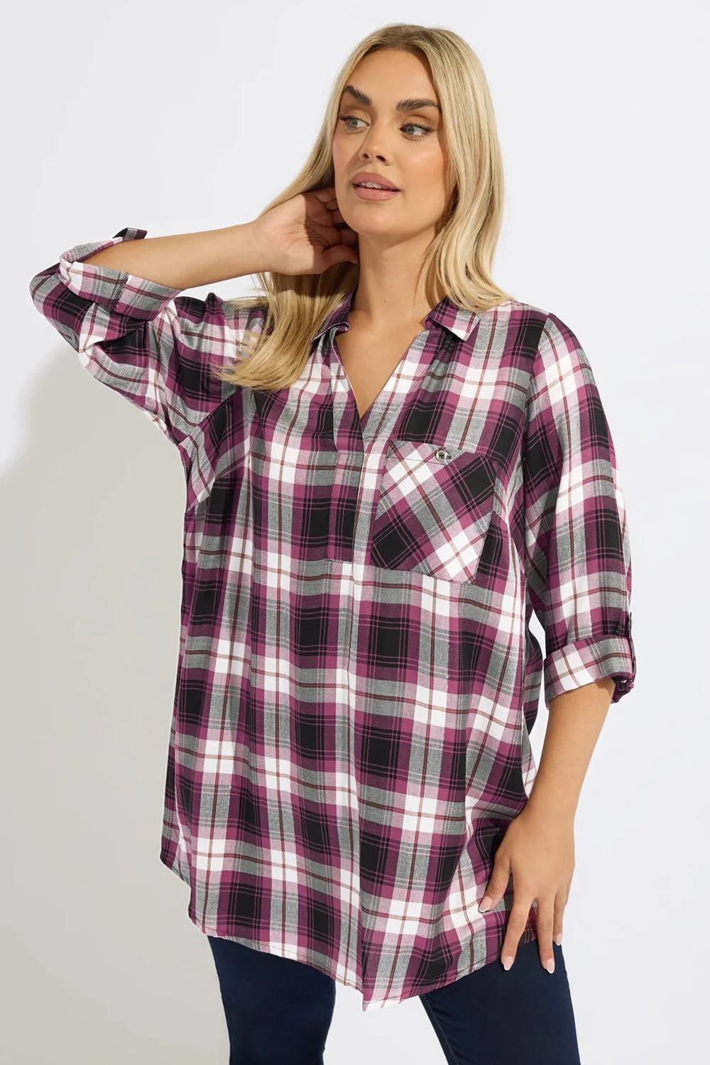 Yours Curve Black & Pink Check Overhead Shirt - Size 14 Image 1
