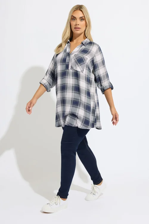 Yours Curve Navy Blue Check Overhead Shirt - Size 16 Image 2