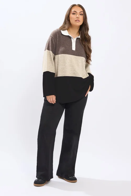 Yours Curve Natural Brown Colourblock Rugby Collar Top - Size 22-24 Image 4
