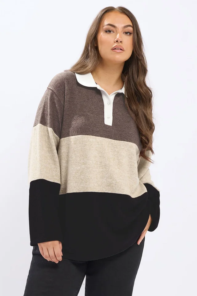 Yours Curve Natural Brown Colourblock Rugby Collar Top