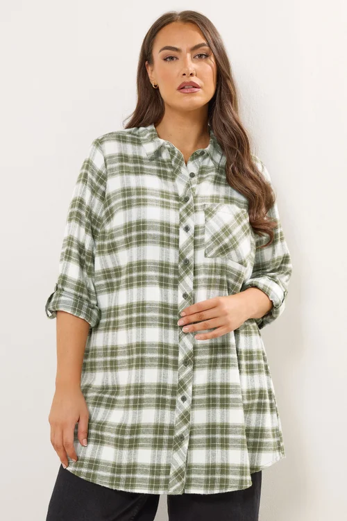 Yours Curve Khaki Green Check Boyfriend Shirt - Size 20 Image 1