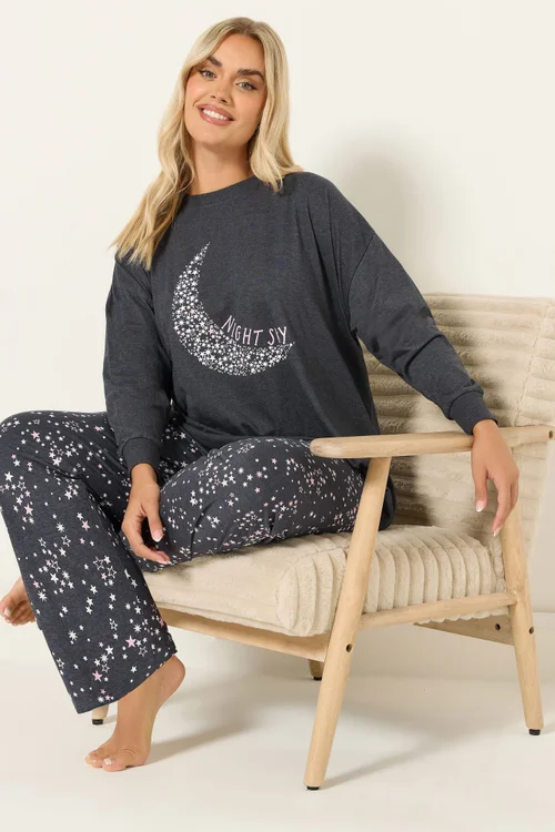 Yours Curve Charcoal Grey 'Night Sky' Wide Leg Pyjama Set - Size 26-28 Image 1