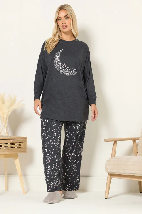 Yours Curve Charcoal Grey 'Night Sky' Wide Leg Pyjama Set - Size 26-28 Image 4