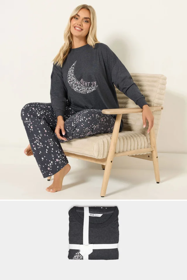 Yours Curve Charcoal Grey 'Night Sky' Wide Leg Pyjama Set