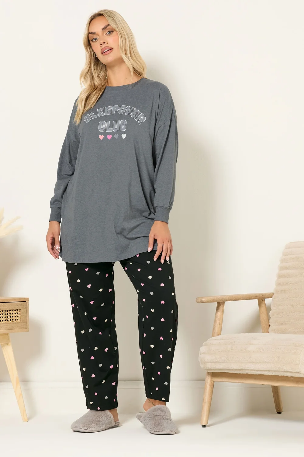 Yours Curve Grey 'Sleepover Club' Wide Leg Pyjama Set - Size 22-24 Image 1