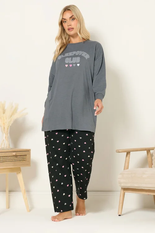 Yours Curve Grey 'Sleepover Club' Wide Leg Pyjama Set - Size 22-24 Image 2