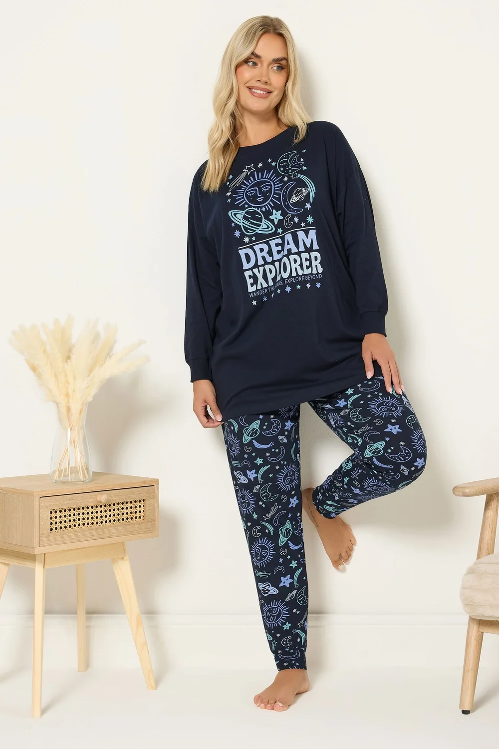 Yours Curve Navy Blue 'Dream Explorer' Cuffed Pyjama Set - Size 34-36 Image 2