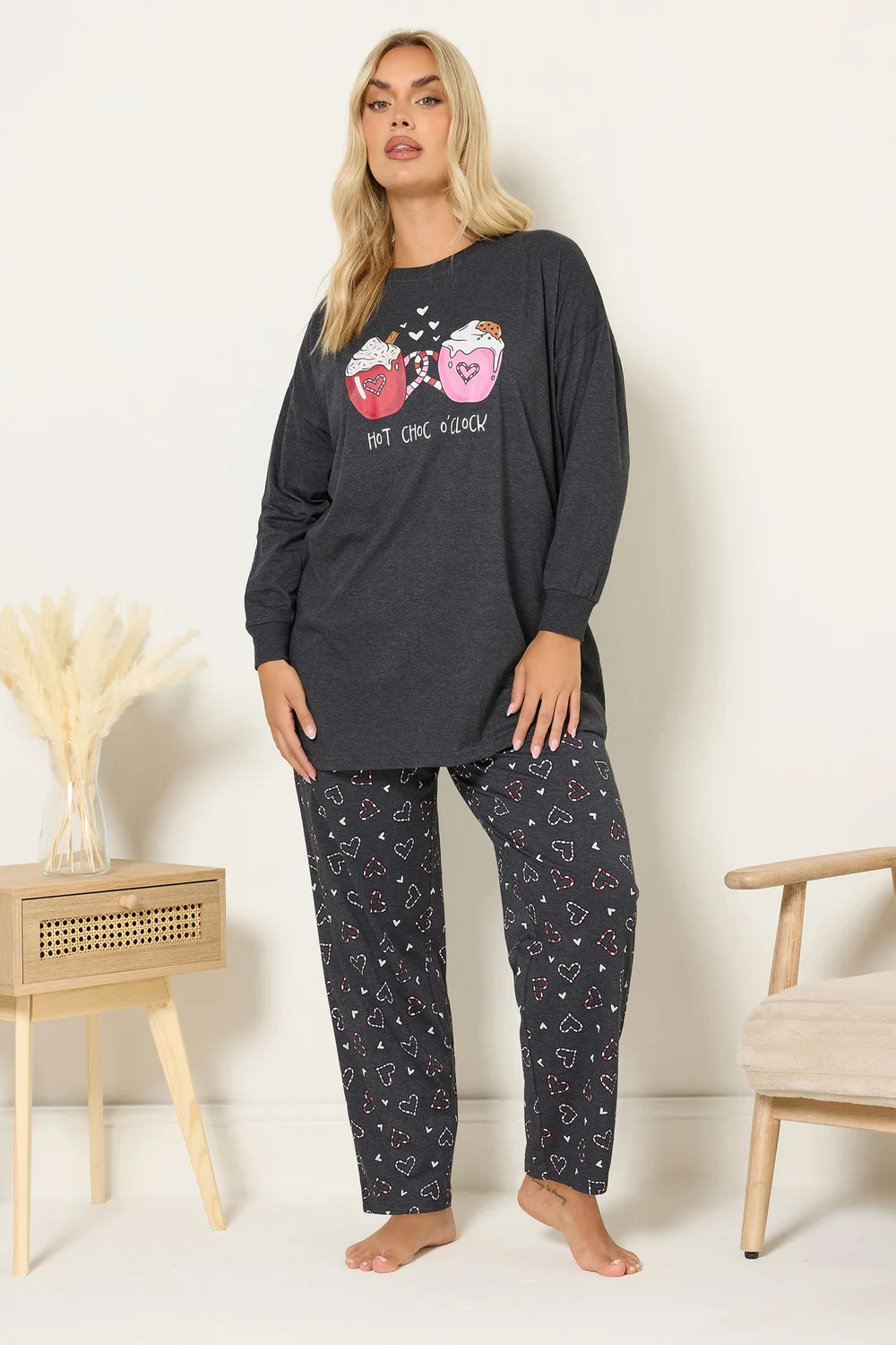 Yours Curve Charcoal Grey 'Hot Choc O'clock' Wide Leg Pyjama Set - Size 30-32 Image 2