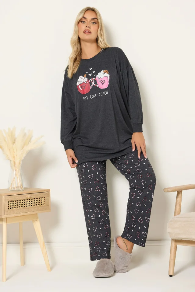 Yours Curve Charcoal Grey 'Hot Choc O'clock' Wide Leg Pyjama Set