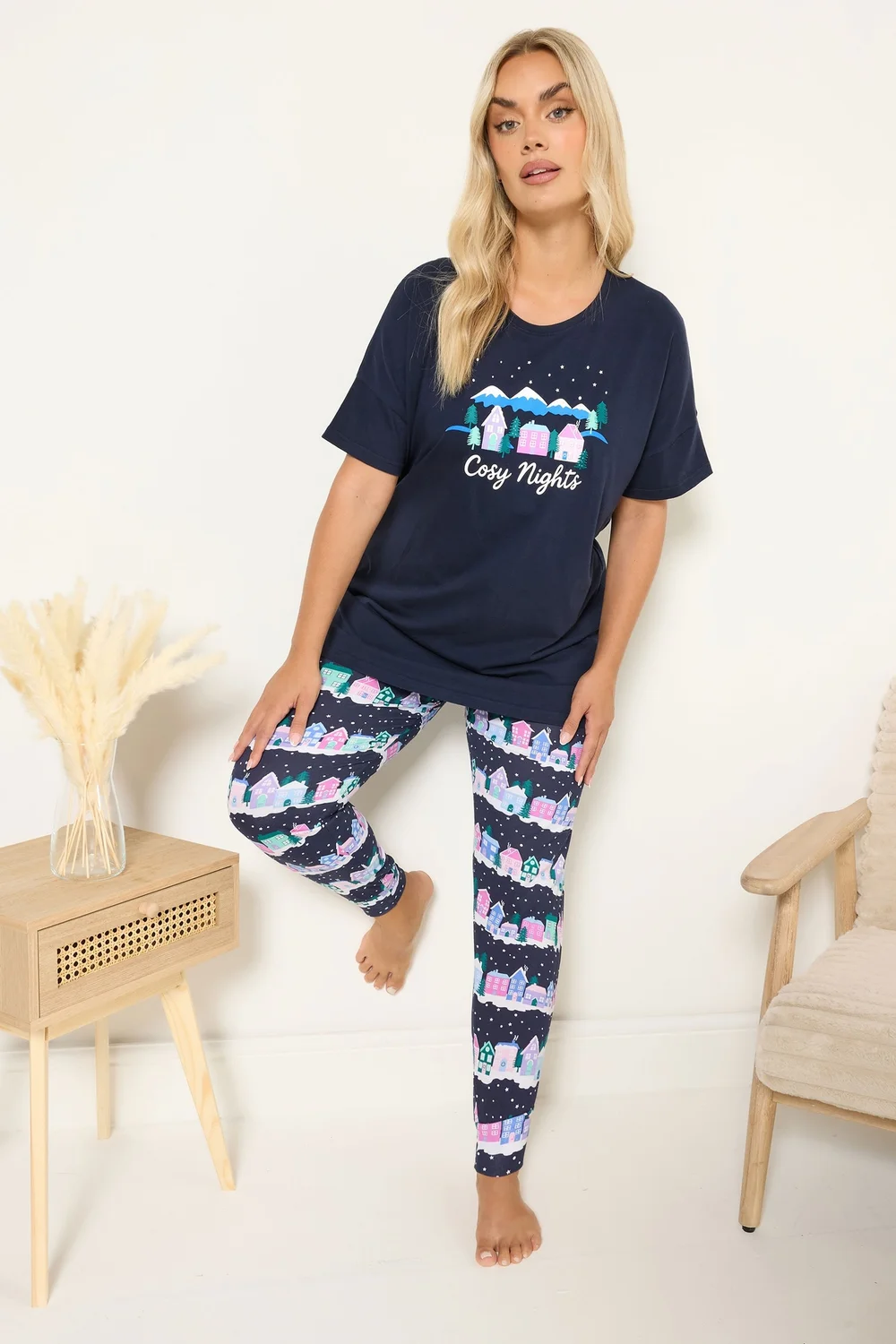 Yours Curve Navy Blue 'Cozy Nights' Cuffed Pyjama Set - Size 14-16 Image 2