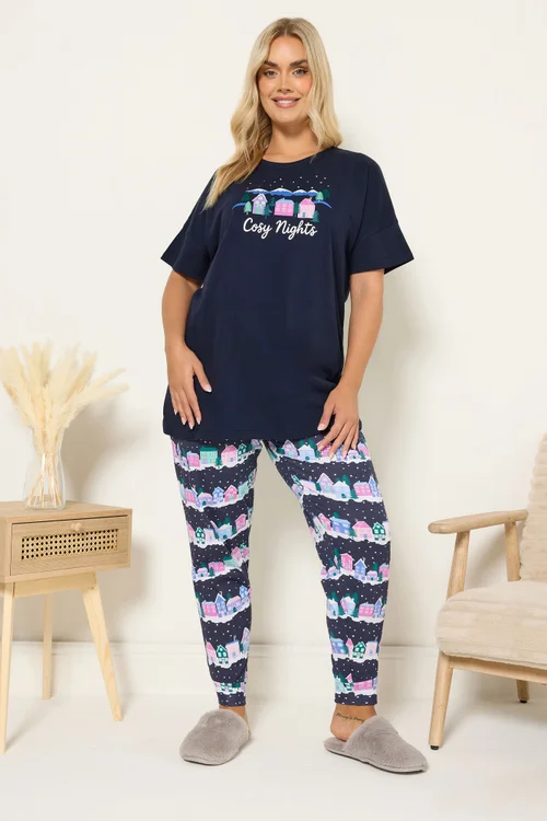 Yours Curve Navy Blue 'Cozy Nights' Cuffed Pyjama Set - Size 14-16 Image 3