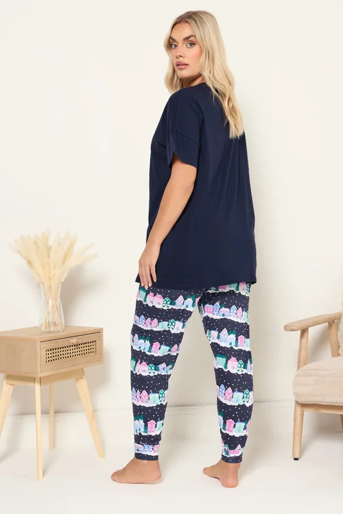 Yours Curve Navy Blue 'Cozy Nights' Cuffed Pyjama Set - Size 14-16 Image 4