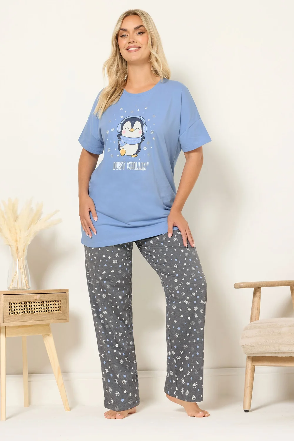 Yours Curve Blue 'Just Chillin' Wide Leg Pyjama Set - Size 34-36 Image 1