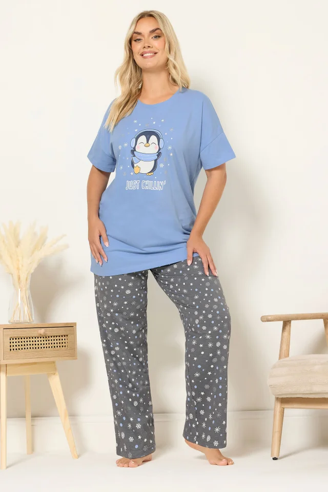 Yours Curve Blue 'Just Chillin' Wide Leg Pyjama Set